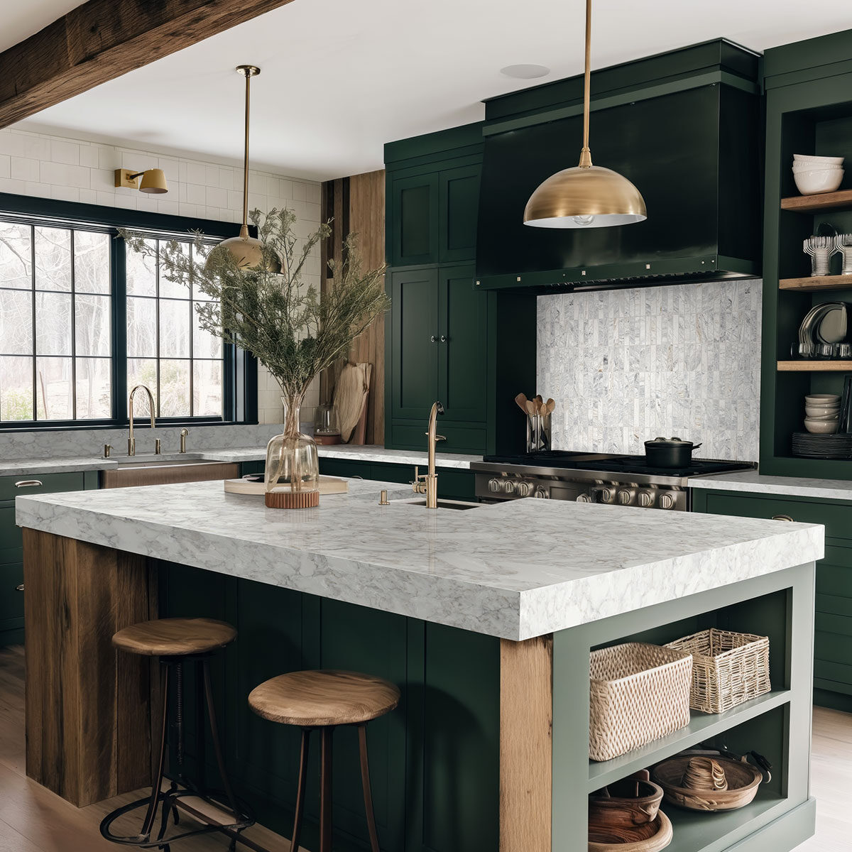 Capri Blue 1x6 Stack Pattern Honed backsplash in a kitchen