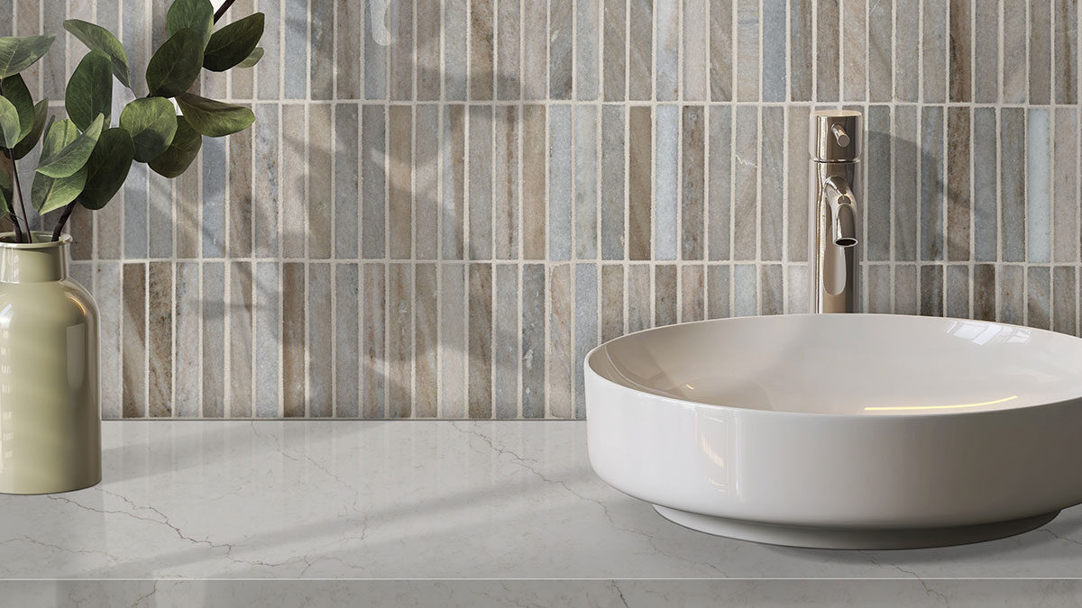 Ravello Mini Stack Polished backsplash in a bathroom