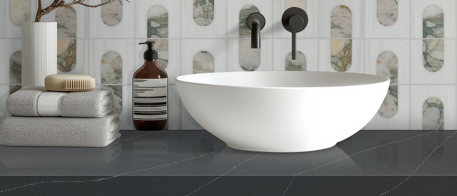 Soapstone Metropolis Quartz countertop in a bathroom