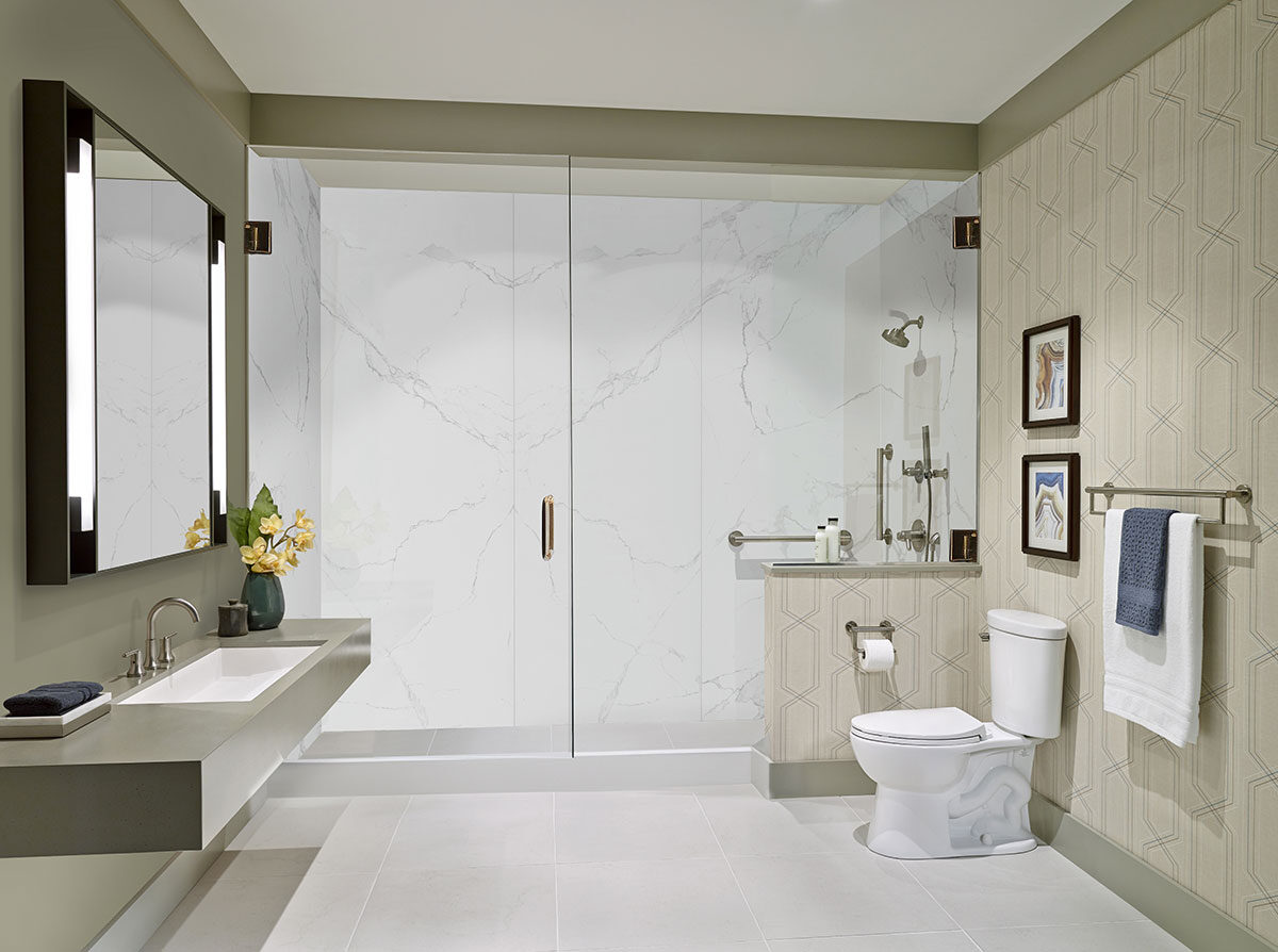 Glacier Pearl backsplash in a shower — view 3