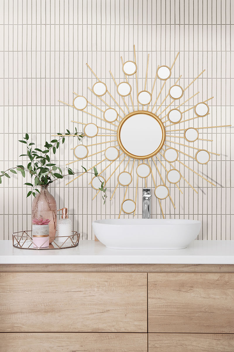 White Matte 1x6 Stack Pattern backsplash installed — view 2