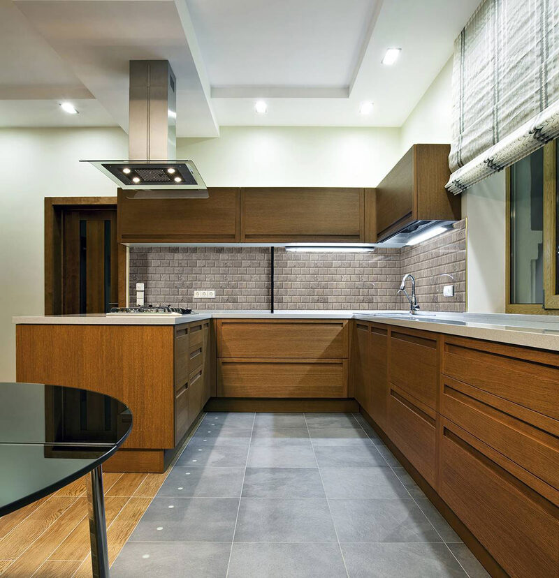 Silver Travertine Subway Tile 2x4 backsplash installed