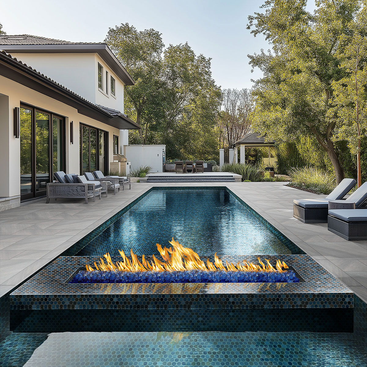 Penny Round Azul Glossy backsplash in a outdoor hardscape