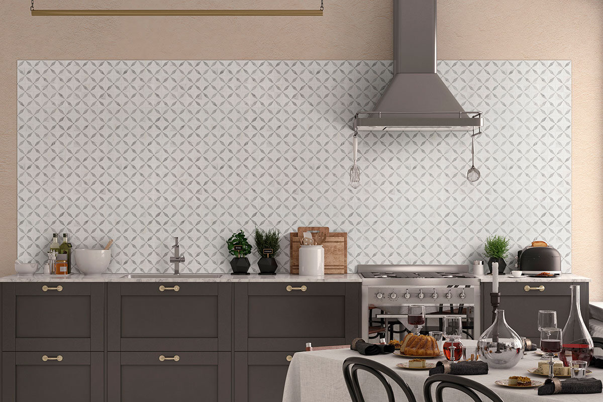 Bianco Starlite Polished Marble Mosaic Tile backsplash installed — view 3