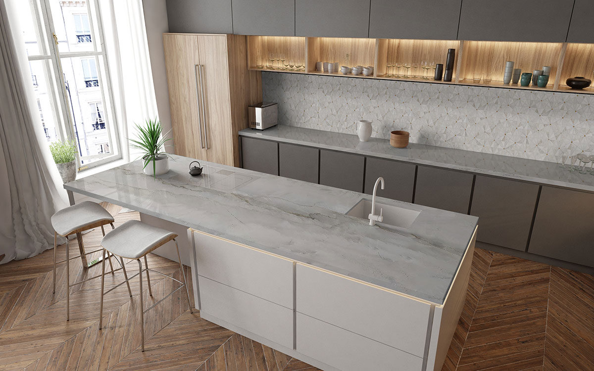 Elegante Pinwheel Gold backsplash installed