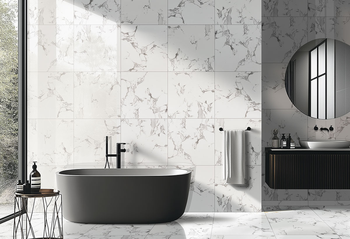 Statuario backsplash in a bathroom