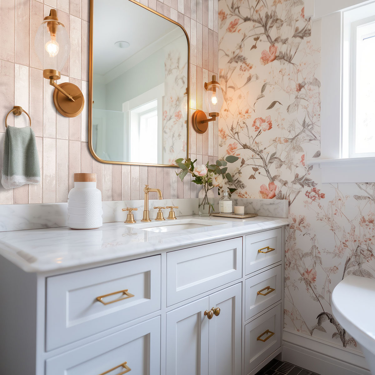 Blush 2x10 backsplash in a bathroom