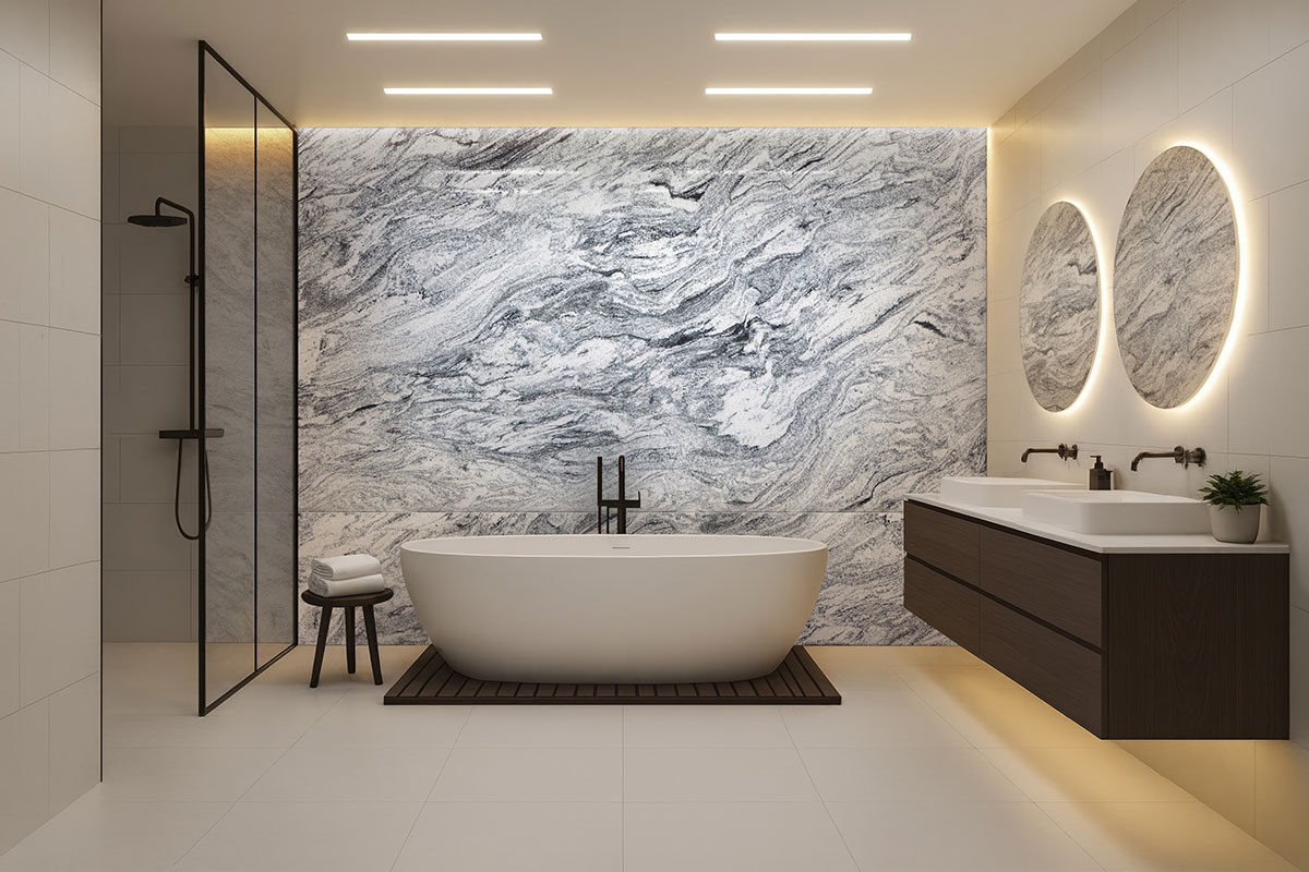 Silver Cloud Granite countertop in a bathroom