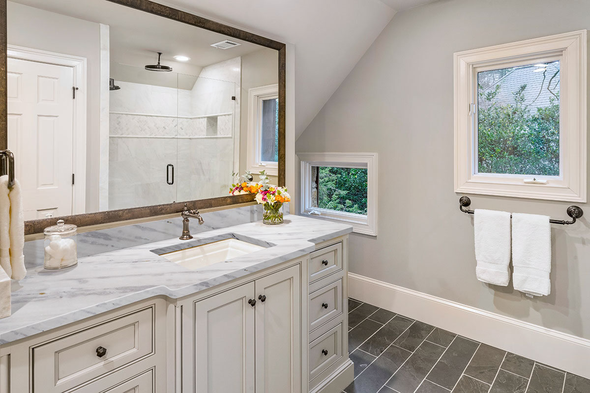 Arabescus White Marble countertop installed — view 4