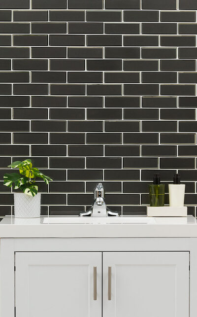 Metallic Gray Bevel Subway Tile backsplash installed — view 2