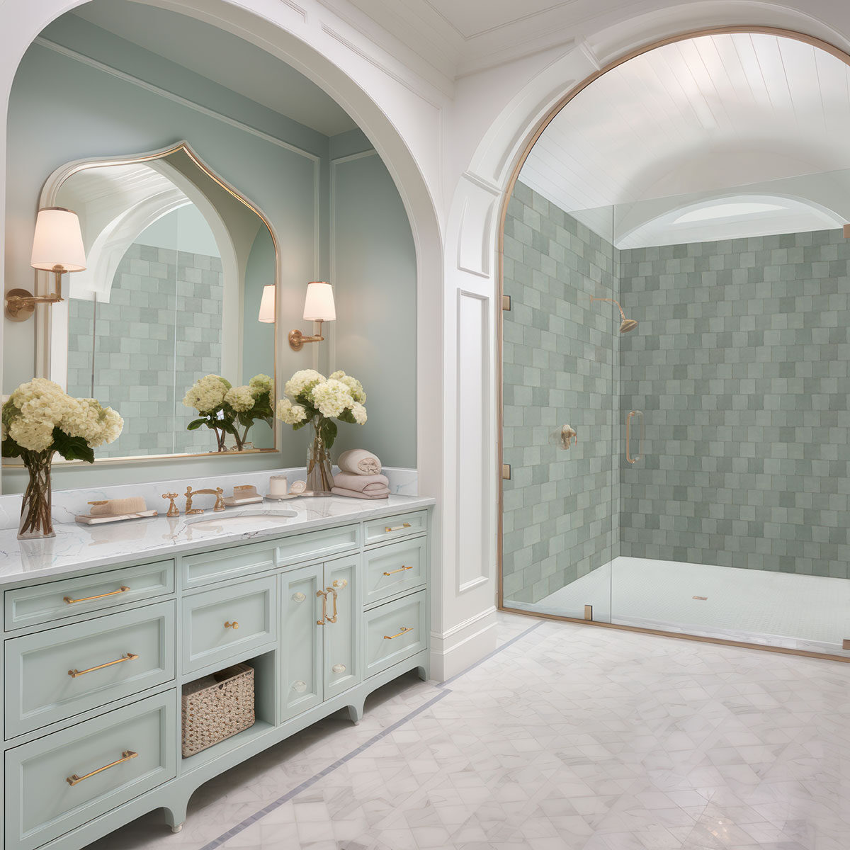 Renzo Jade 5x5 Wall Tile backsplash in a bathroom