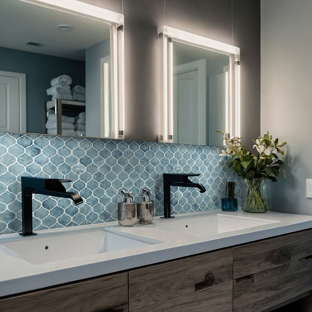 Blue Shimmer Arabesque Tile backsplash in a bathroom