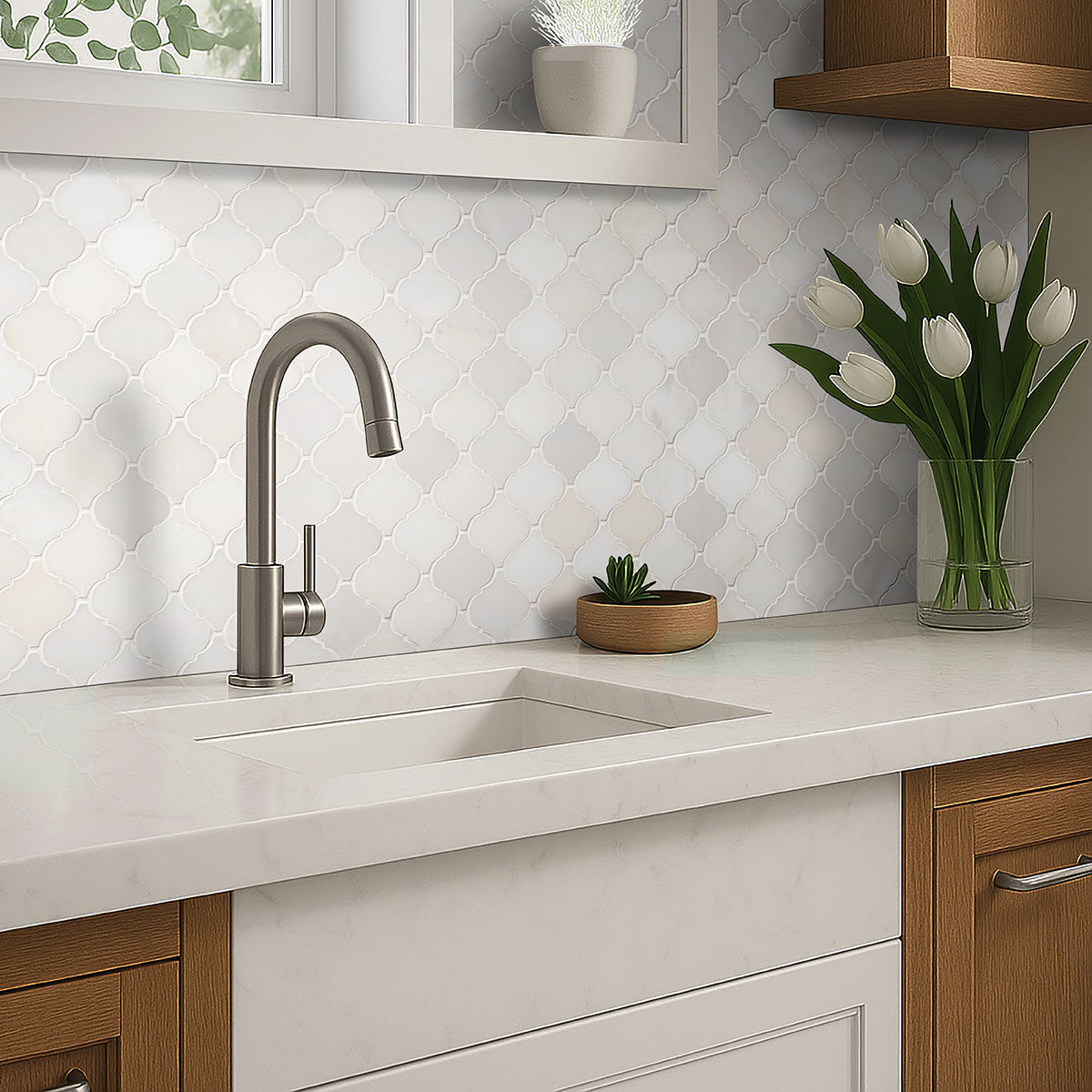 Greecian White Arabesque Tile backsplash in a kitchen