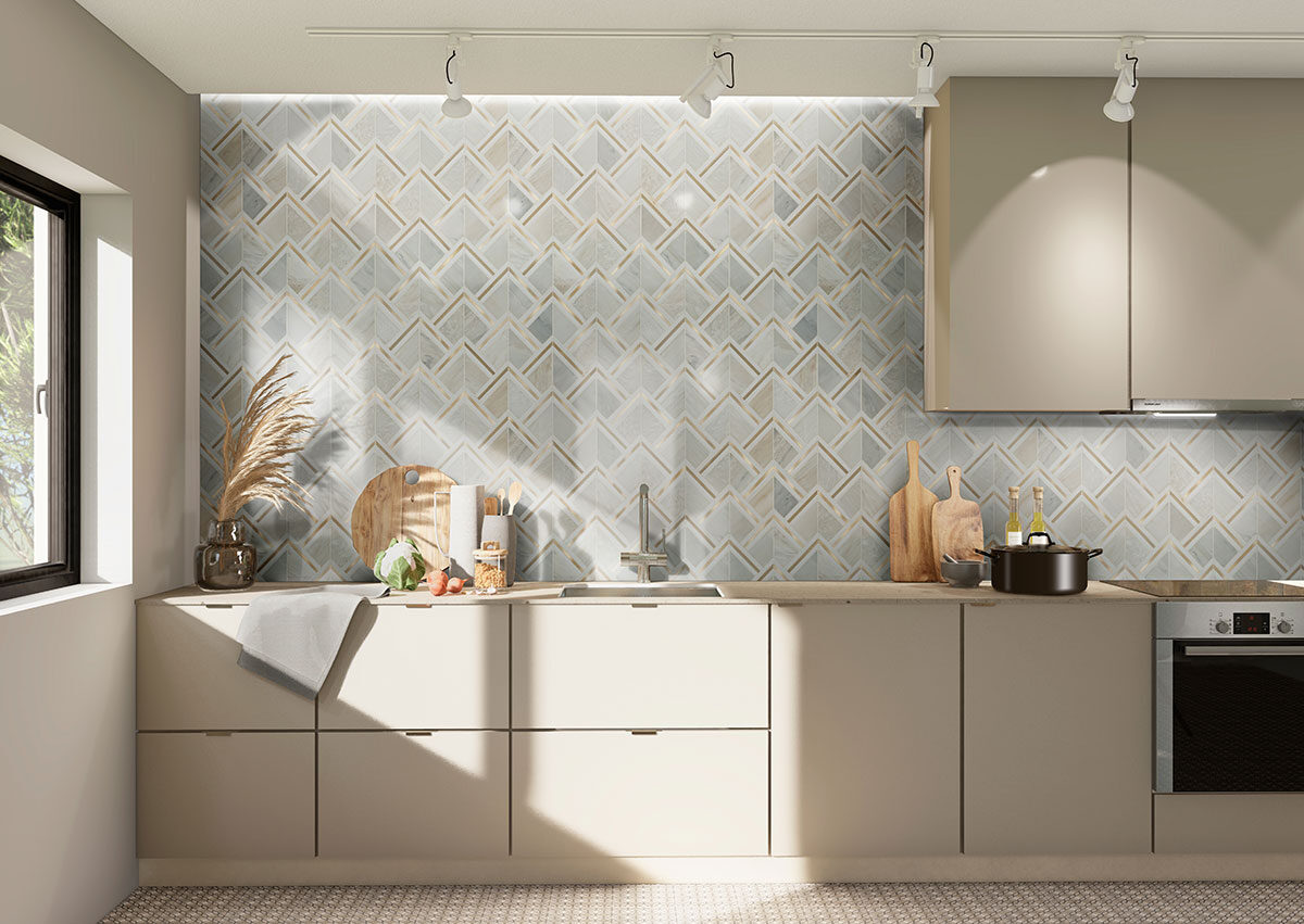 Luxor Kona Gold Pattern backsplash installed — view 2