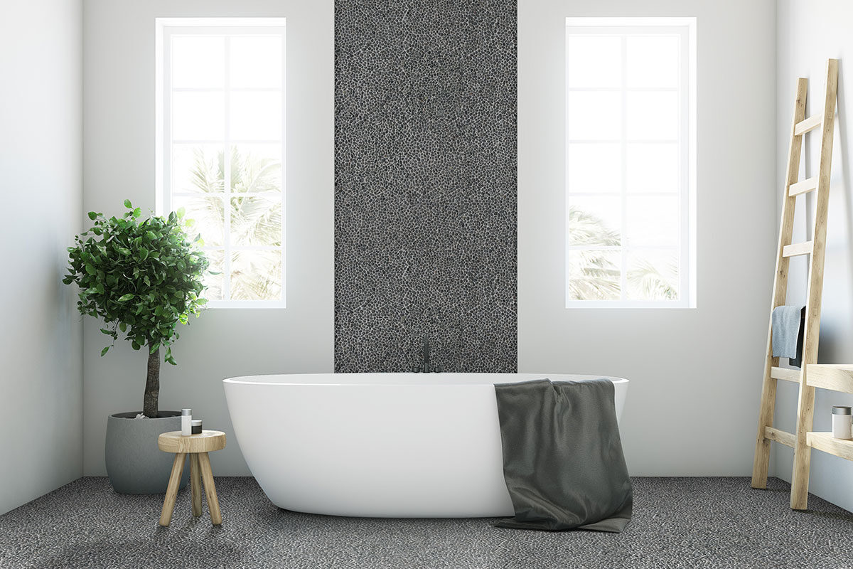 Noir Ash Mini Pebble backsplash in a bathroom — view 2