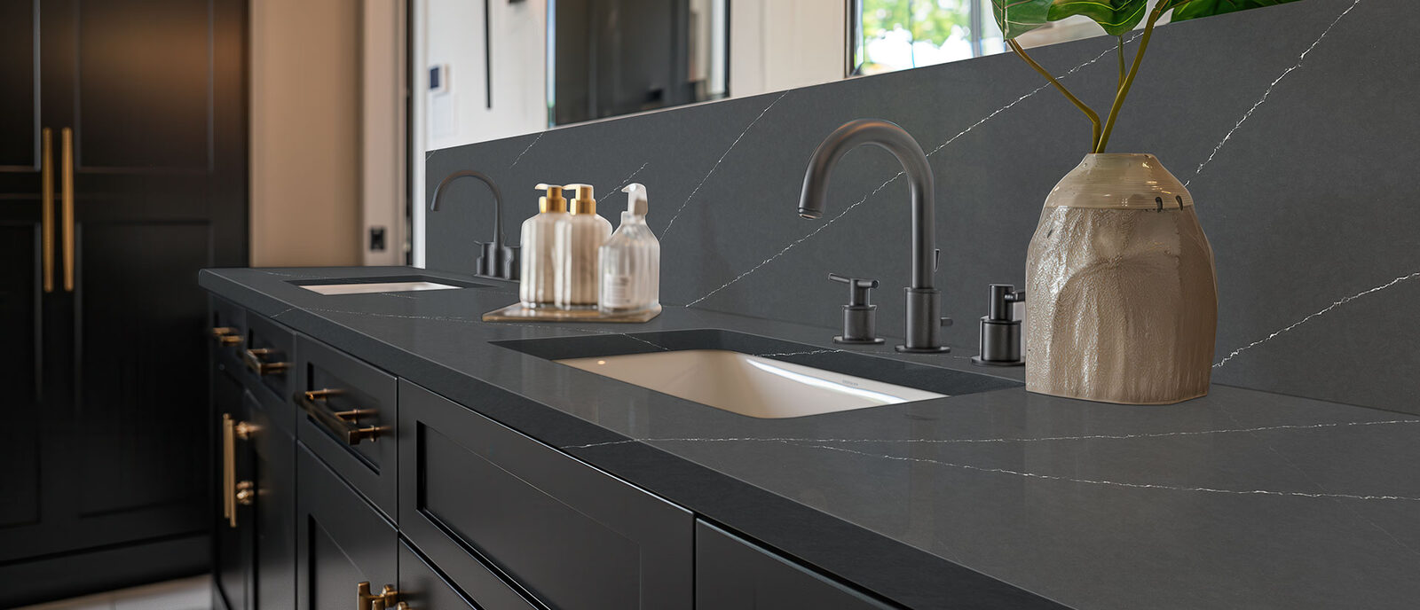 Soapstone Metropolis Concrete Quartz countertop in a bathroom