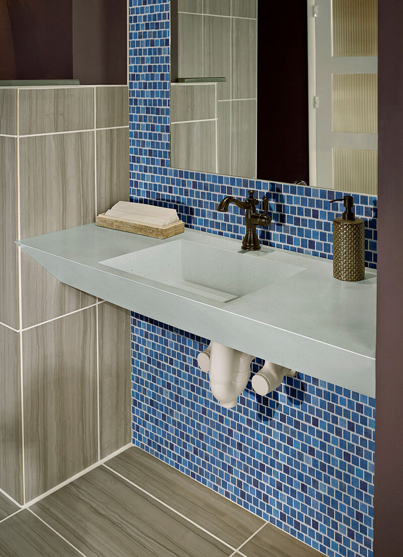 Hawaiian Blue 1x1x4mm Staggered backsplash installed