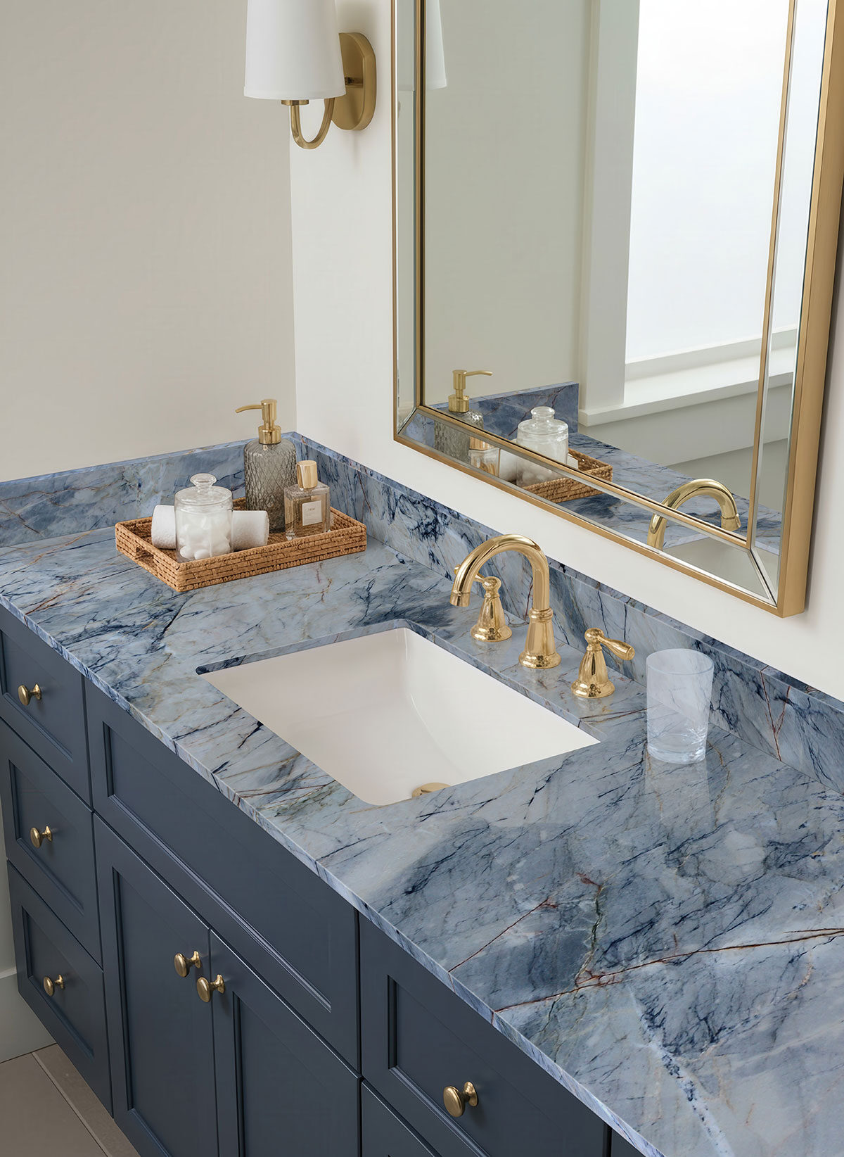 Blue Lava Quartzite countertop in a bathroom