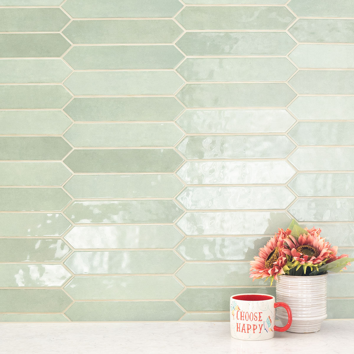 Renzo Jade 2.5x13 Pickett Wall Tile backsplash installed — view 5
