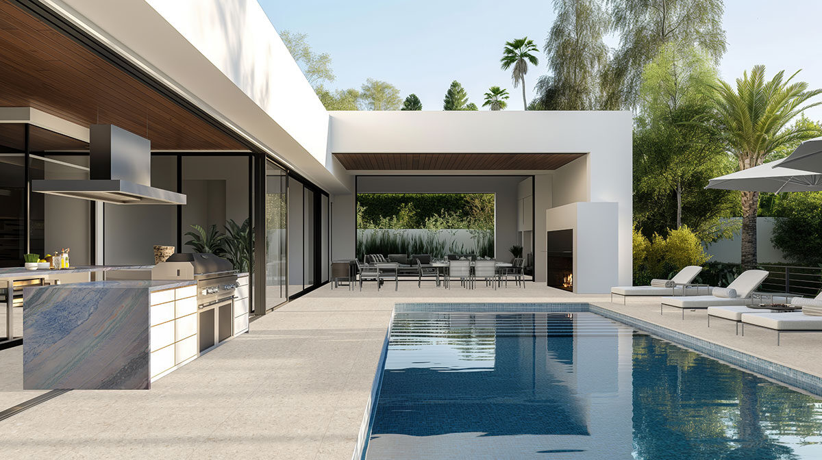 Azul Macaubas Quartzite countertop in a outdoor hardscape