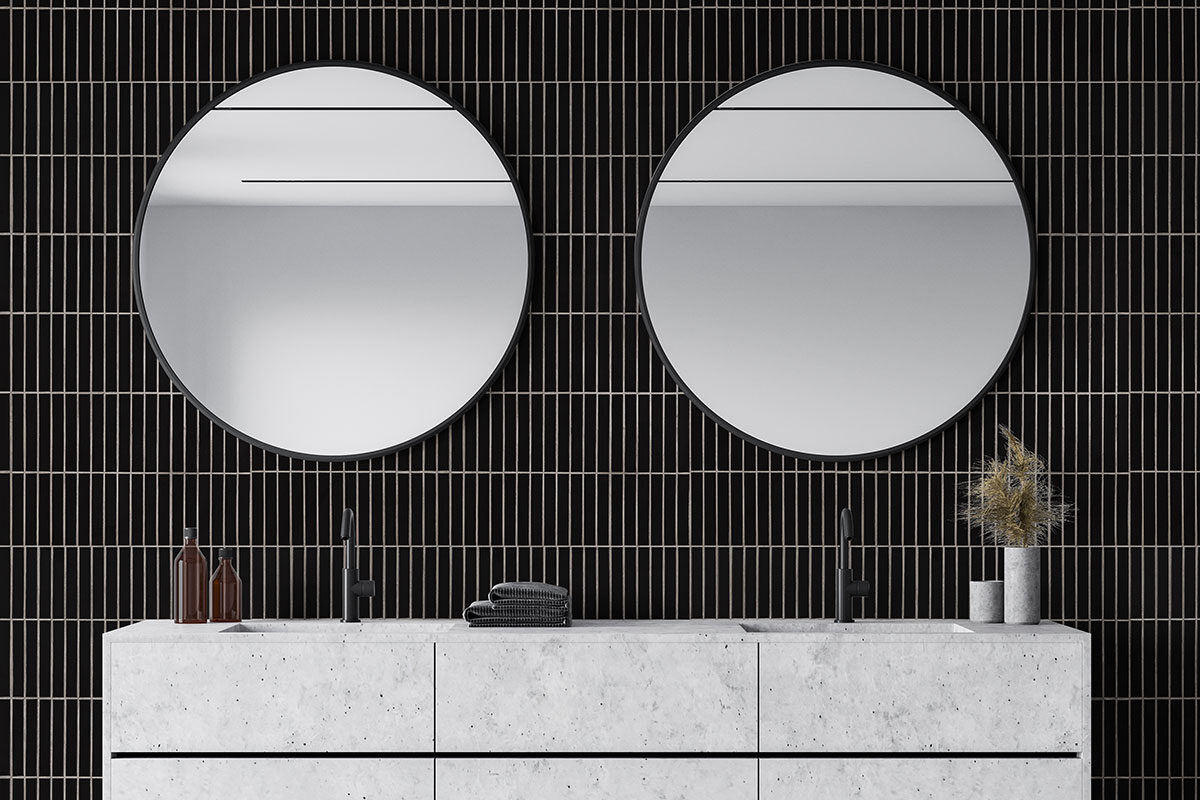 Black Matte 1x6 Stack Pattern backsplash installed — view 4
