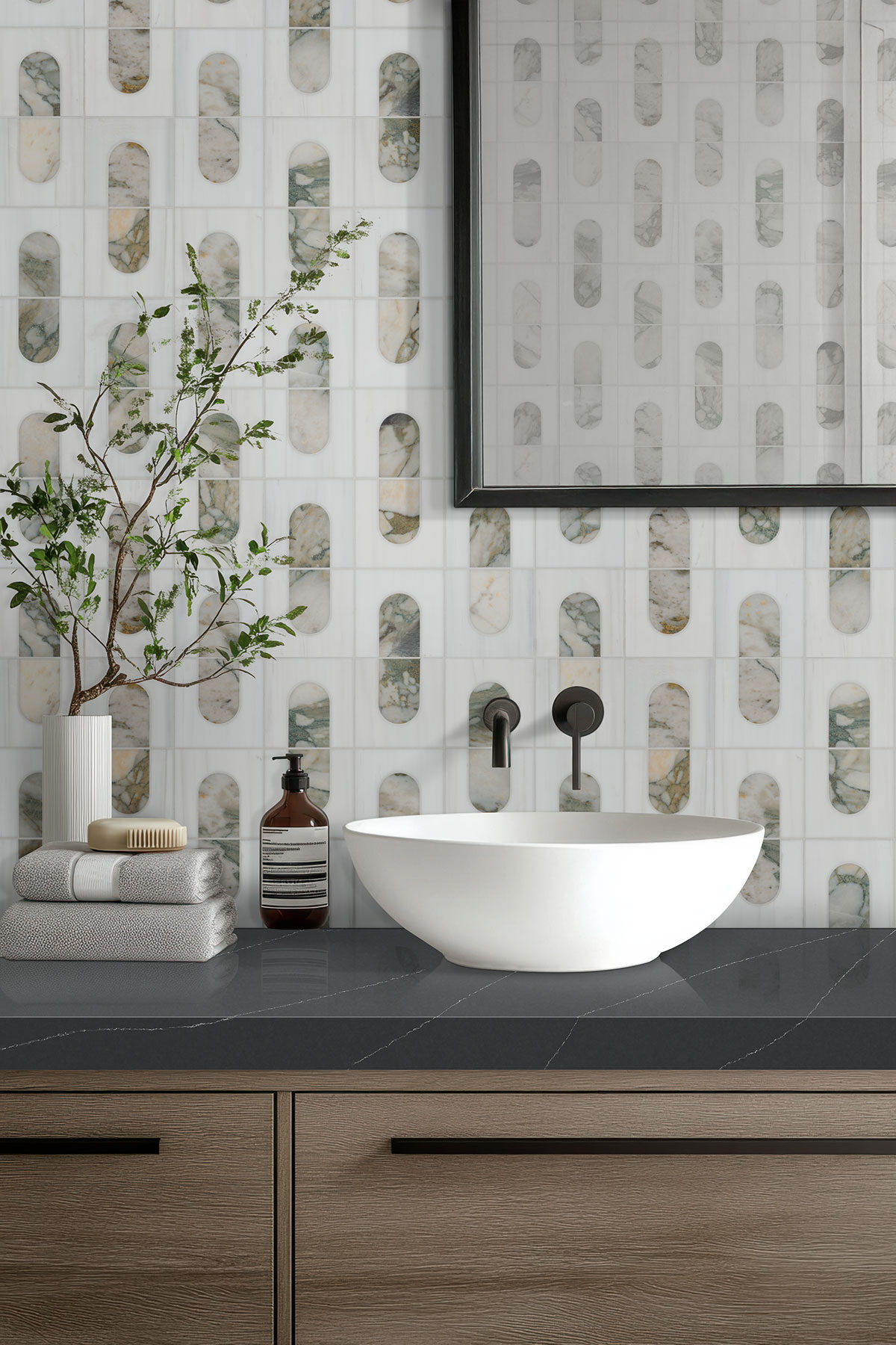 Bianco Dolomite Moderno Polished backsplash in a bathroom — view 3