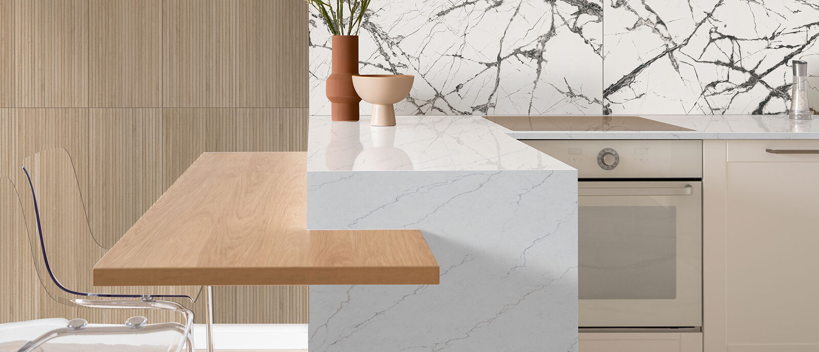 Calacatta Miraggio Cielo Quartz countertop in a kitchen