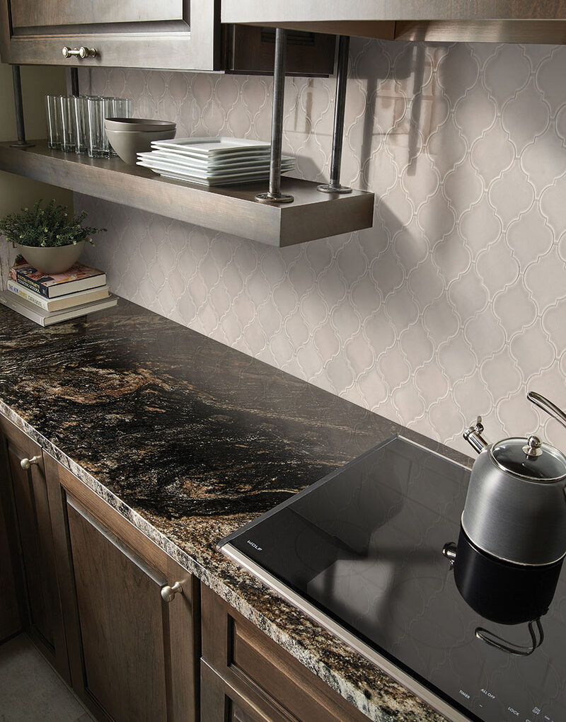Portico Pearl Arabesque 8mm Mosaic Tile backsplash installed