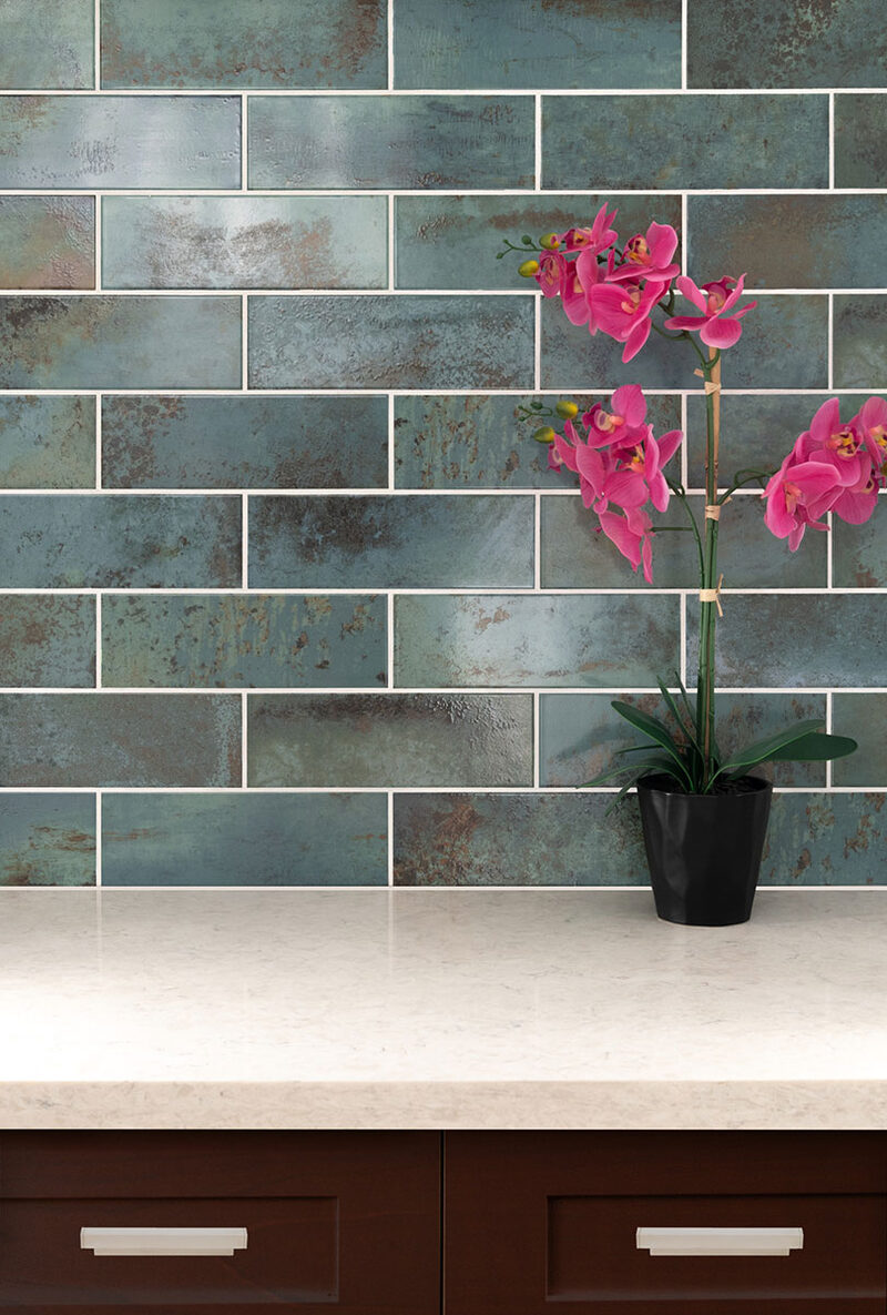 Marza Aqua Mosaic Tile backsplash installed