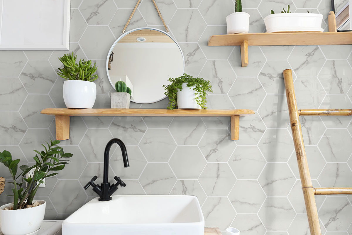 Marbello Hexagon Tile backsplash installed