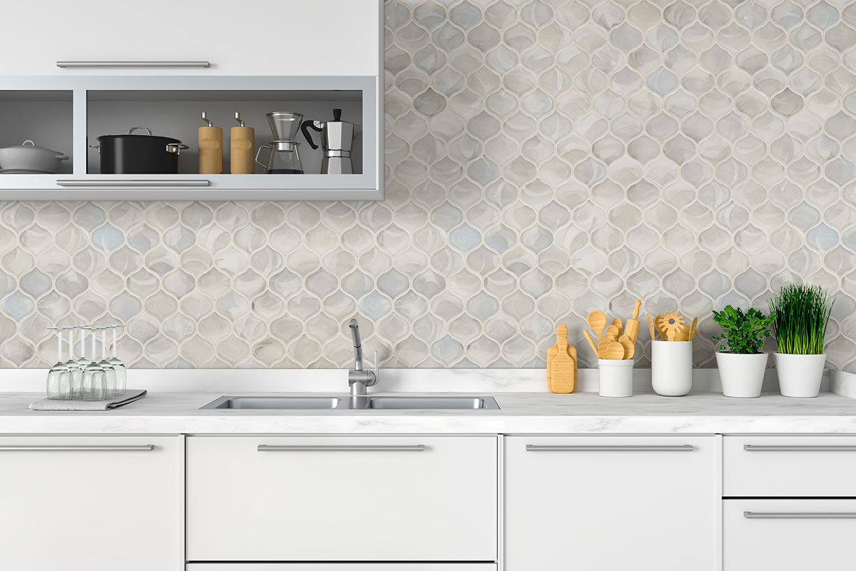 Pearla Arabesque 8mm backsplash installed — view 3
