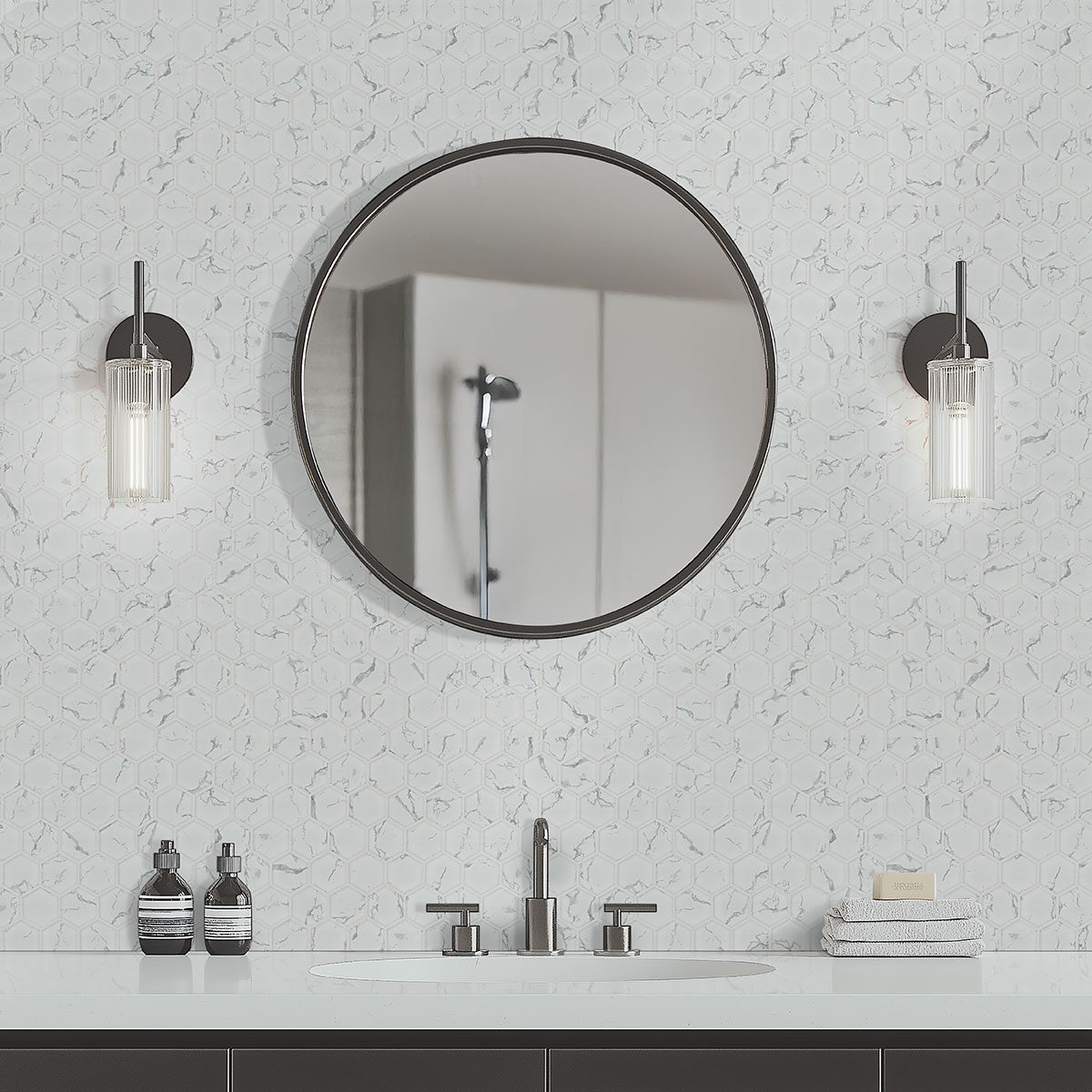Carrara Matte 2" Hexagon backsplash in a bathroom