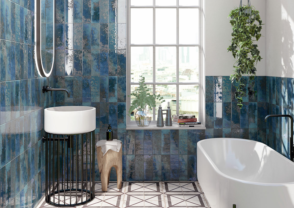 Marza Cobalt Mosaic Tile backsplash installed — view 4