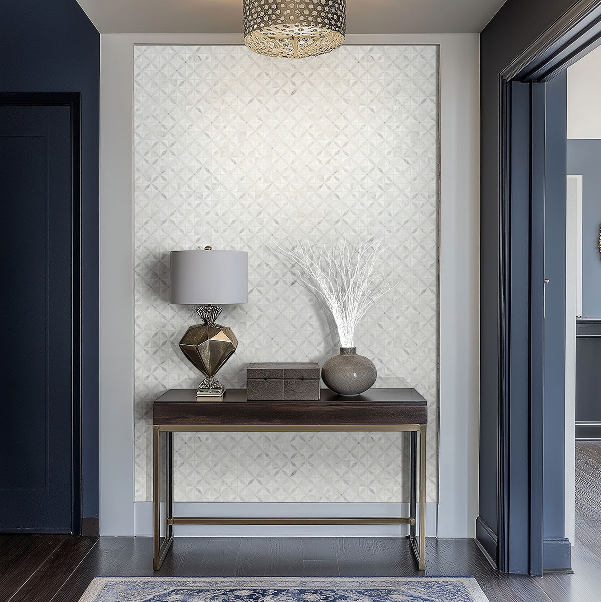 Bianco Starlite Polished Marble Mosaic Tile backsplash in a entryway