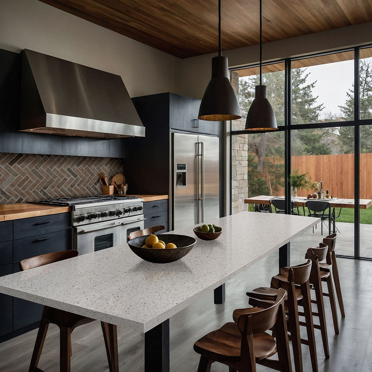 Noble Red Reclaimed Clay Brick Herringbone Tile backsplash in a kitchen