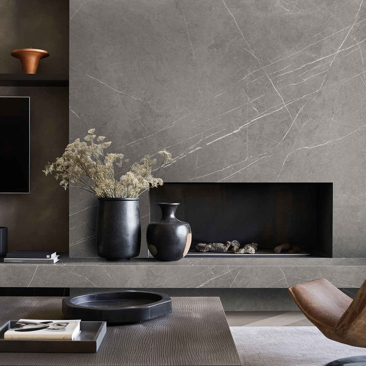 Pietra Grigio backsplash in a living room — view 2