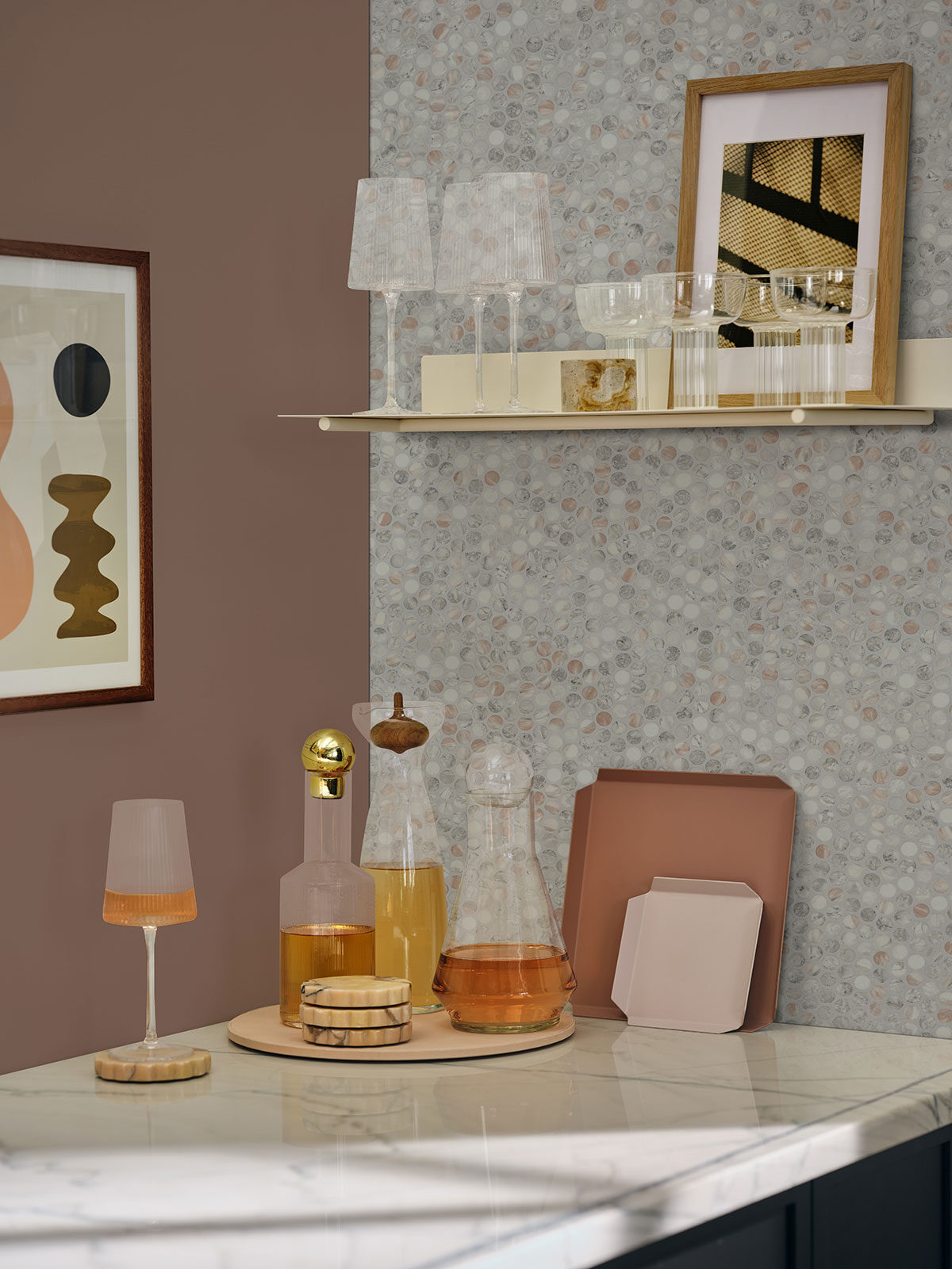 Briar Rosa Penny Round Tile backsplash in a kitchen