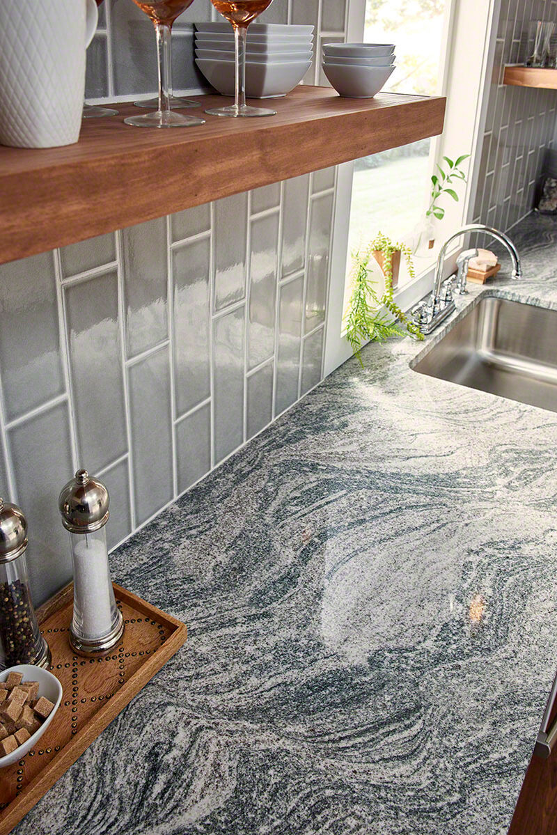 Morning Fog Subway Tile 4x12 backsplash installed — view 2