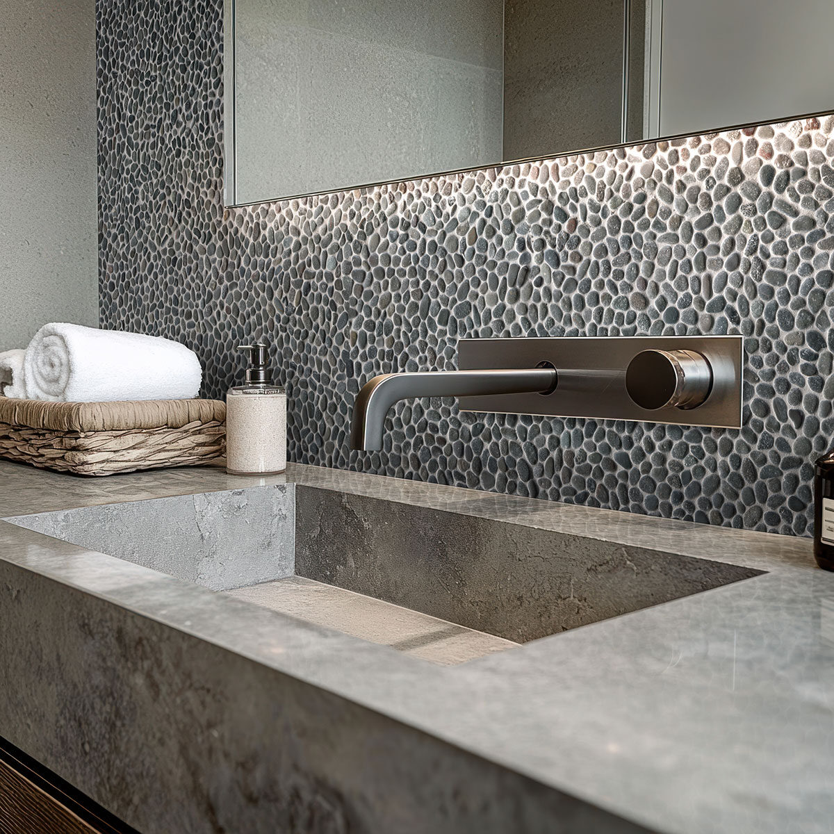 Noir Ash Mini Pebble backsplash in a bathroom