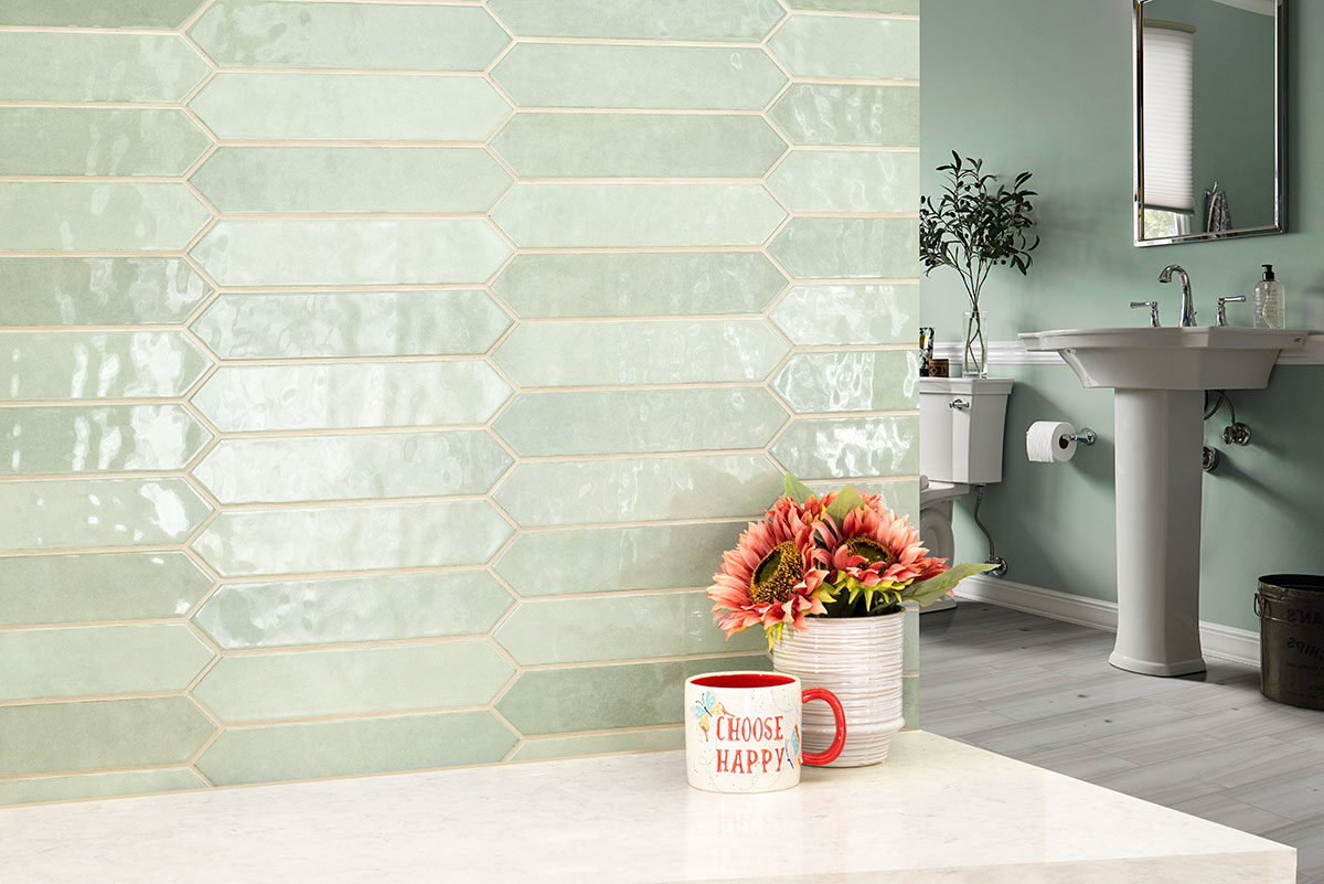 Renzo Jade 2.5x13 Pickett Wall Tile backsplash installed — view 7