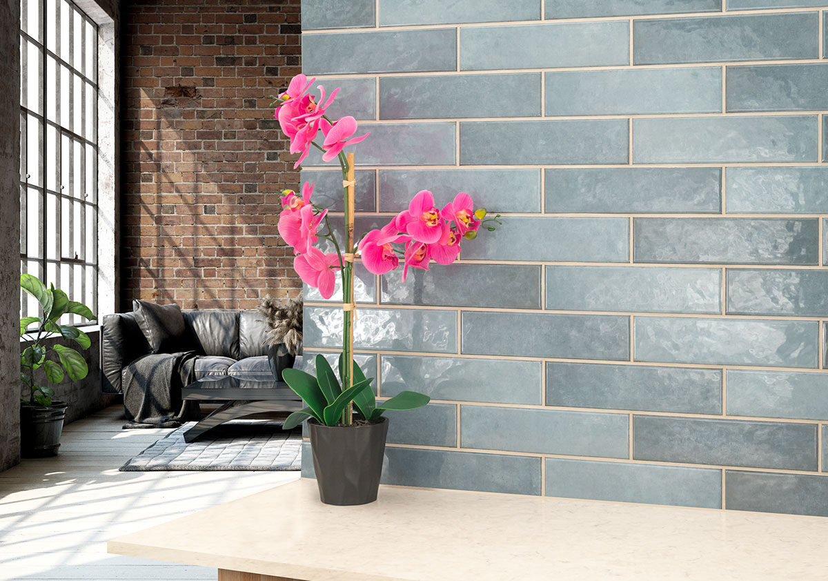 Renzo Denim Wall Tile backsplash installed — view 3