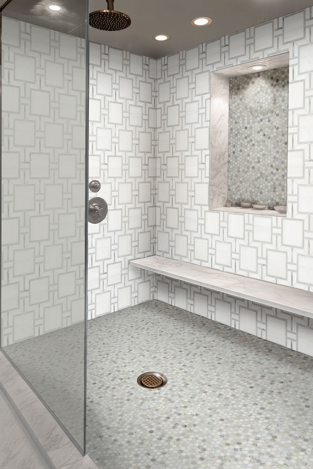Bianco Dolomite Alana Polished backsplash in a bathroom — view 3