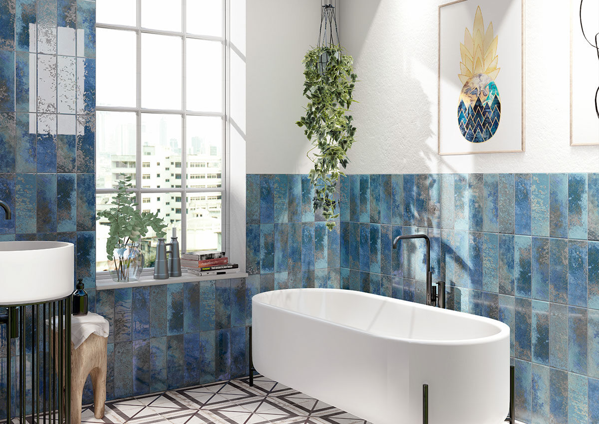 Marza Cobalt Mosaic Tile backsplash installed — view 2