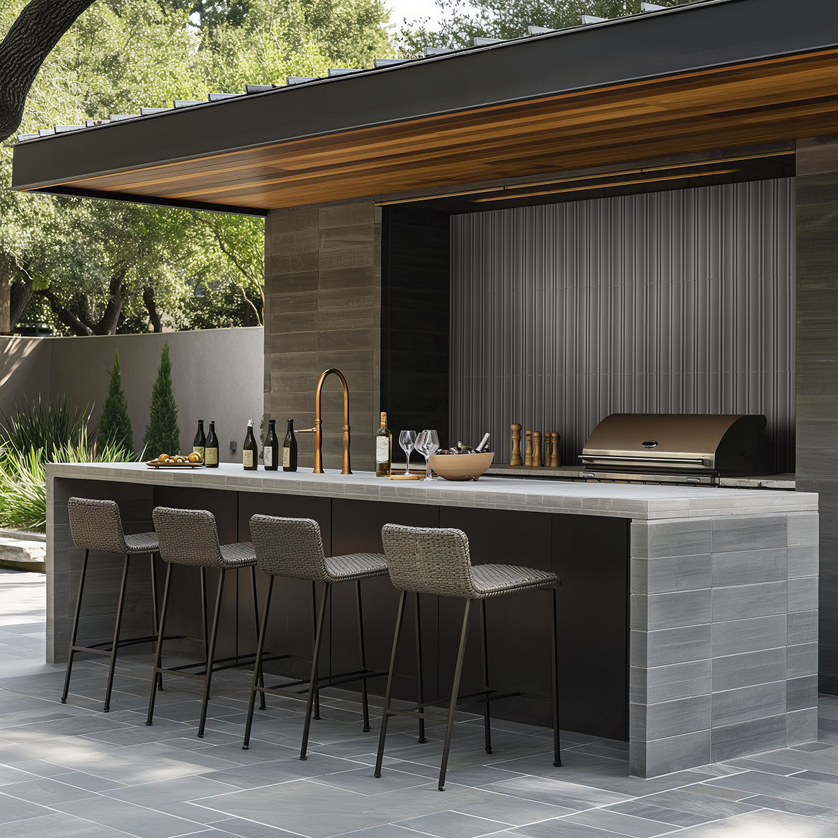 Charcoal backsplash in a outdoor hardscape