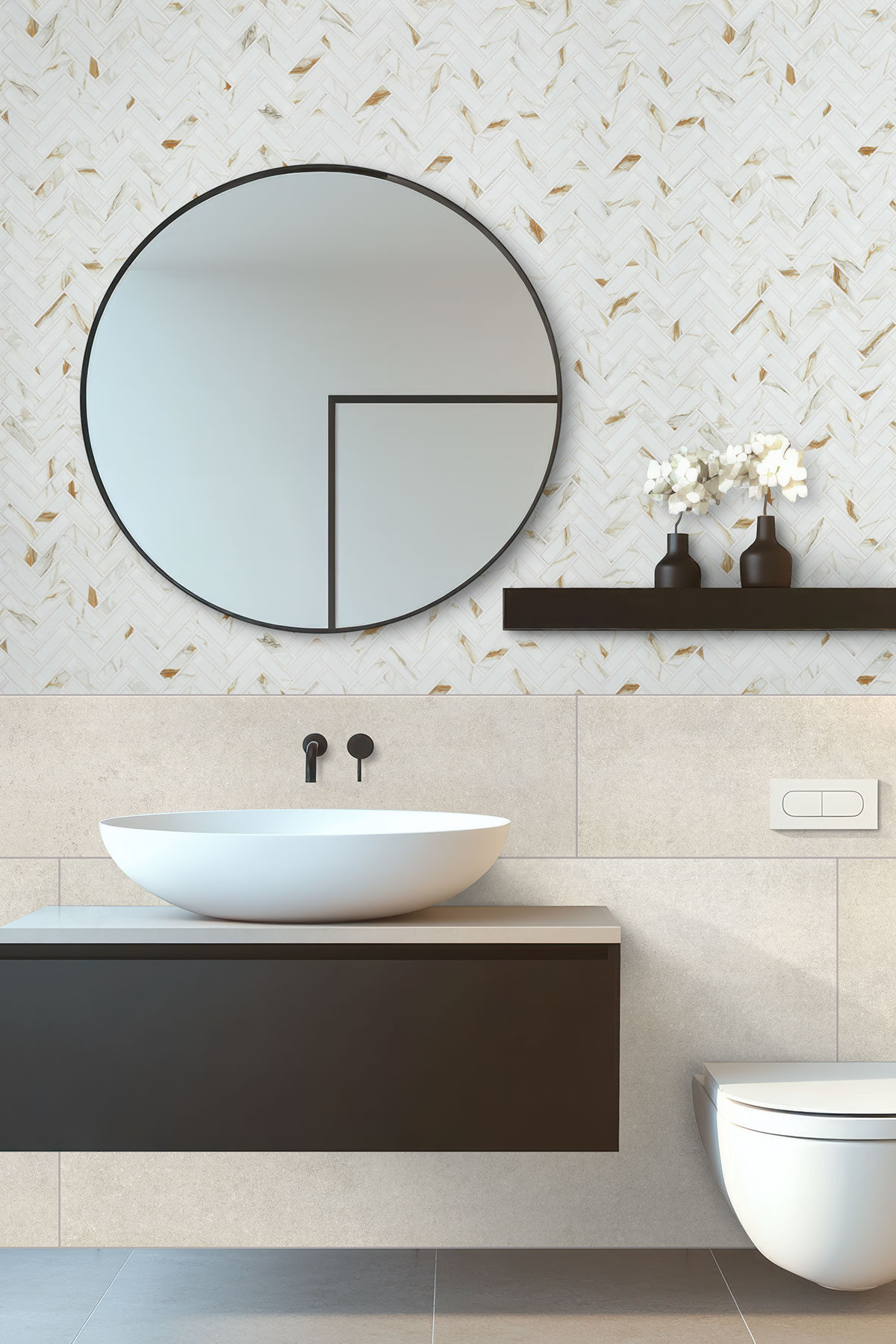 Calacatta Gold Matte 1x3 Herringbone backsplash in a bathroom