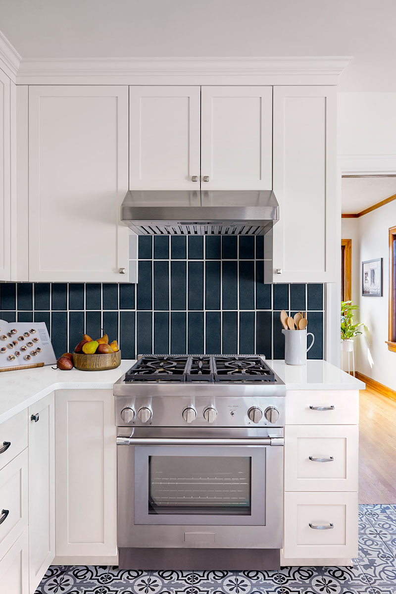 Bay Blue Glazed Handcrafted 4x12 Tile backsplash installed