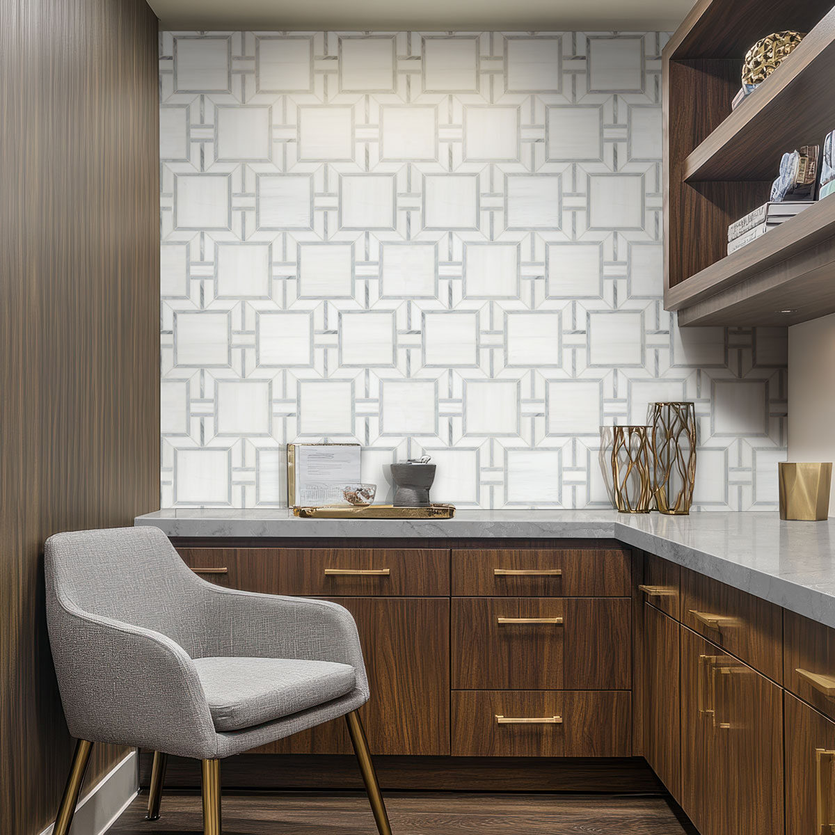 Bianco Dolomite Alana Polished backsplash installed — view 2