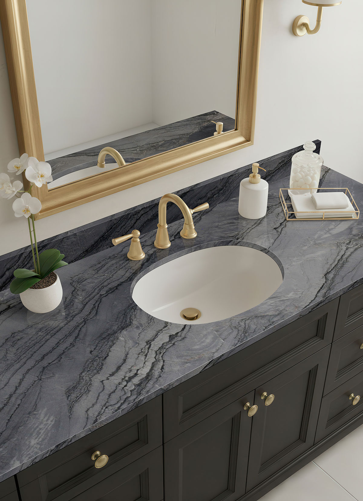 Mercury Gray Quartzite countertop in a bathroom