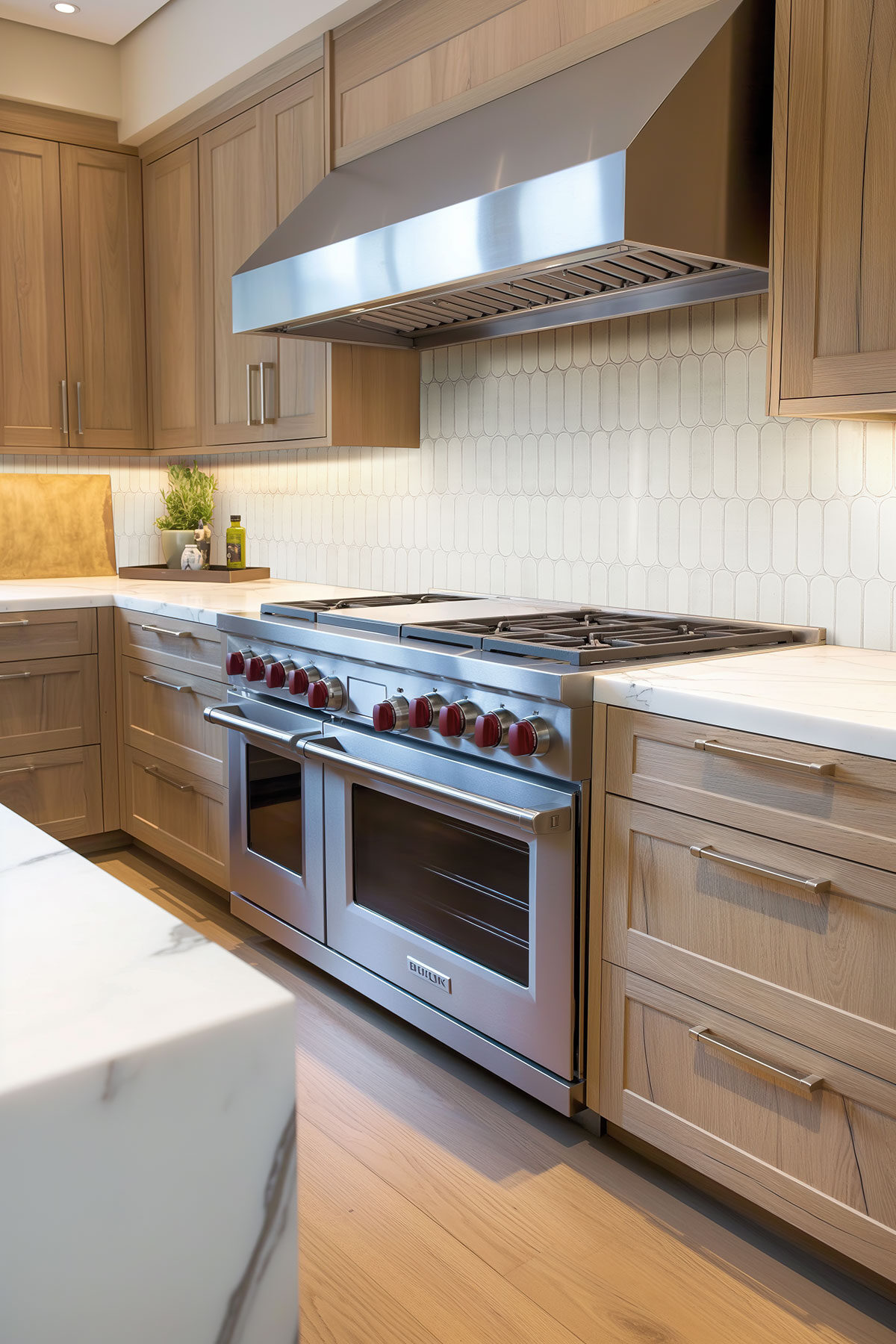 Bianco Glossy Ellipse Tile backsplash installed