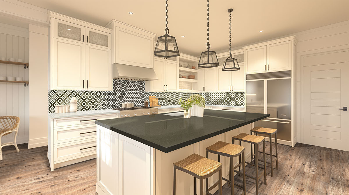 Rhombix Nero Polished backsplash in a kitchen